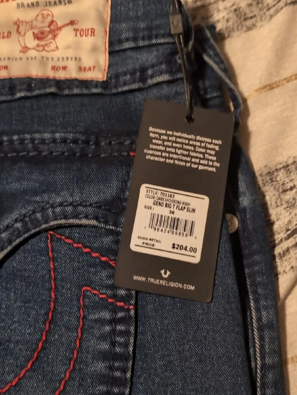 True Religion Indigo Denim Jeans with Red Stitching